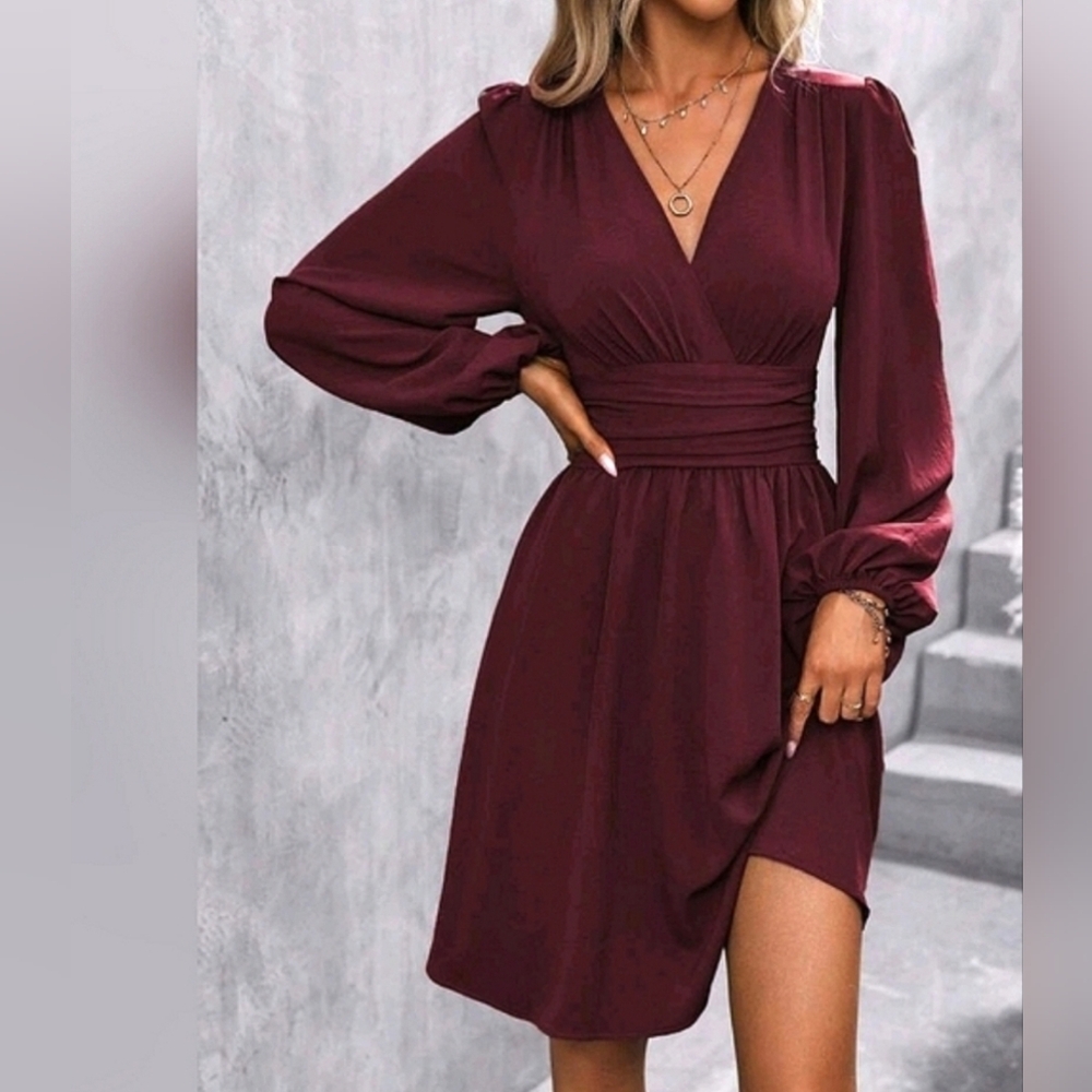 NEW Chic Ruched Waist Lantern Sleeve Dress Burgundy Red - Picture 2 of 9
